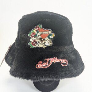 Ed Hardy Black Faux Fur Bucket Hat W/ Tattoo Graphics & Logo Embroidery